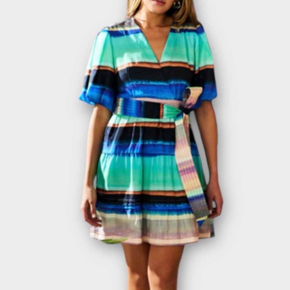 MARIE OLIVER Dress NWT SIZE 8 Callie Silk Blend Belted Mini in‎ Santa Fe Stripe - Picture 2 of 13